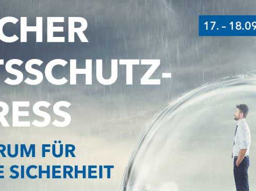Mann in Hemd mit Krawatte in Schutzblase, außen Regen und Blitz, der Blase trifft; Text: Deutscher Arbeitsschutzkongress - Das Fachforum für betriebliche Sicherheit, 17.-18.09.2019 in Bad Nauheim