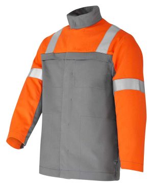 Eine grau-orange Bundjacke mit Reflexstreifen