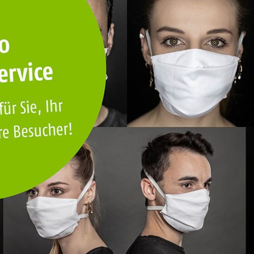 Mann und Frau tragen weiße Stoffmaske; Text: Piccobello Maskenservice - Zusatzschutz für Sie, Ihr Team und Ihre Besucher!