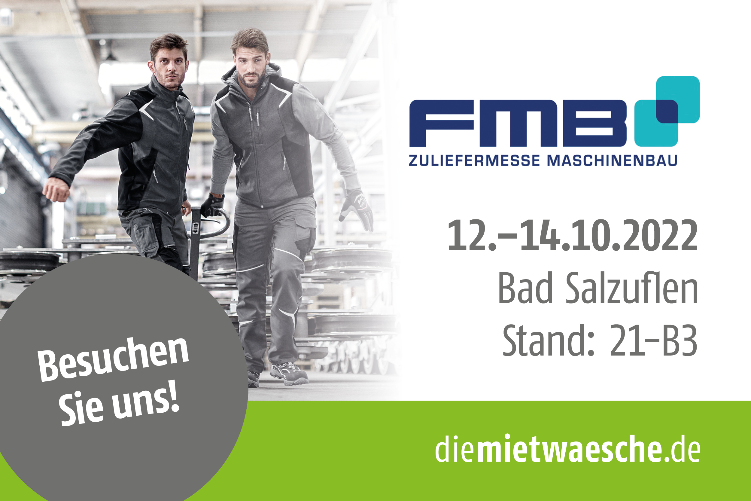 Zwei Männer in Fabrikhalle, die Arbeitskleidung tragen; Teaser für FMB Zuliefermesse Maschinenbau; 12.-14.10.2022 Bad Salzuflen; Stand: 21-B3; Besuchen Sie uns!